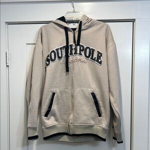 SOUTHPOLE Authentic Collection tan and black zip up hooded jacket size medium.